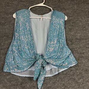 Free People baby blue sequin tie front vest fairycore boho S
